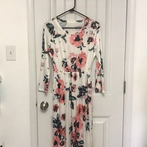 White pink floral maxi dress with long sleeves